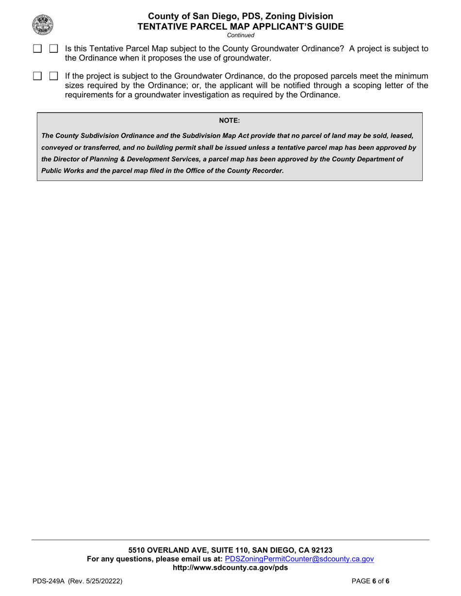 Form PDS-249A Tentative Parcel Map Applicants Guide - County of San Diego, California, Page 6