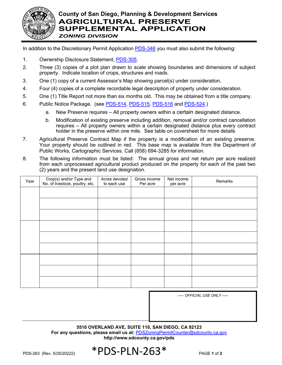 Form PDS-263 Agricultural Preserve Supplemental Application - County of San Diego, California, Page 1