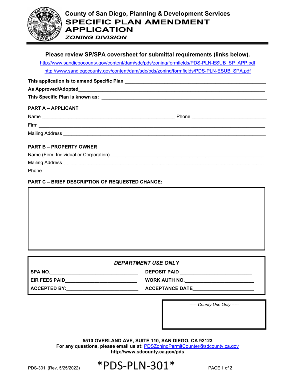 Form PDS-301 Specific Plan Amendment Application - County of San Diego, California, Page 1