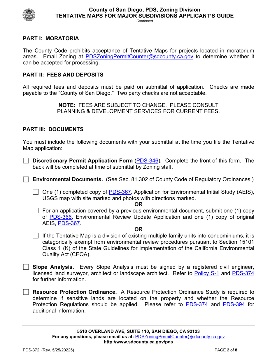 Form PDS-372 Tentative Maps for Major Subdivisions Applicants Guide - County of San Diego, California, Page 2