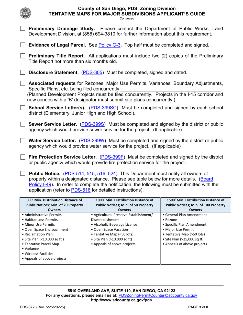 Form PDS-372 Tentative Maps for Major Subdivisions Applicants Guide - County of San Diego, California, Page 3