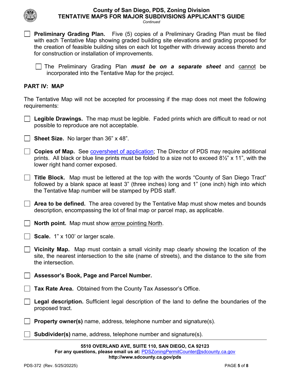 Form PDS-372 Tentative Maps for Major Subdivisions Applicants Guide - County of San Diego, California, Page 5