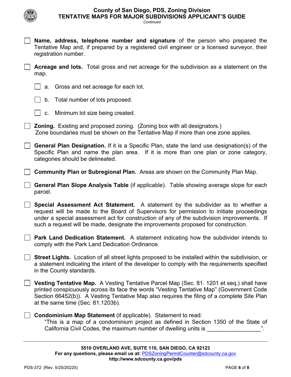 Form PDS-372 Tentative Maps for Major Subdivisions Applicants Guide - County of San Diego, California, Page 6