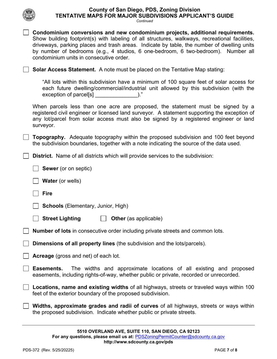 Form PDS-372 Tentative Maps for Major Subdivisions Applicants Guide - County of San Diego, California, Page 7