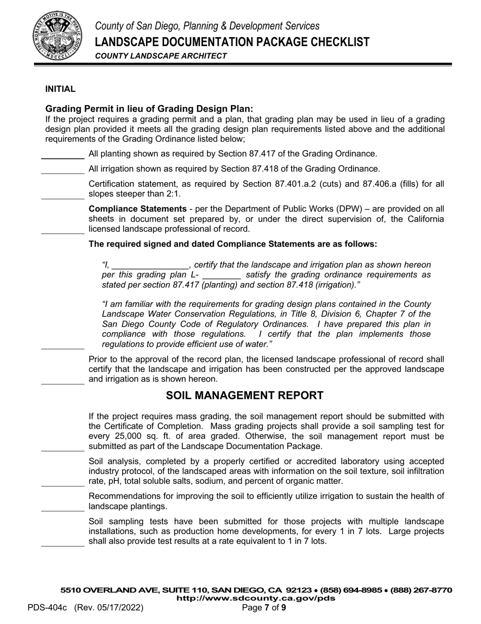 Form PDS-404C Landscape Documentation Package Checklist - County Landscape Architect (Counter Submittal) - County of San Diego, California, Page 7