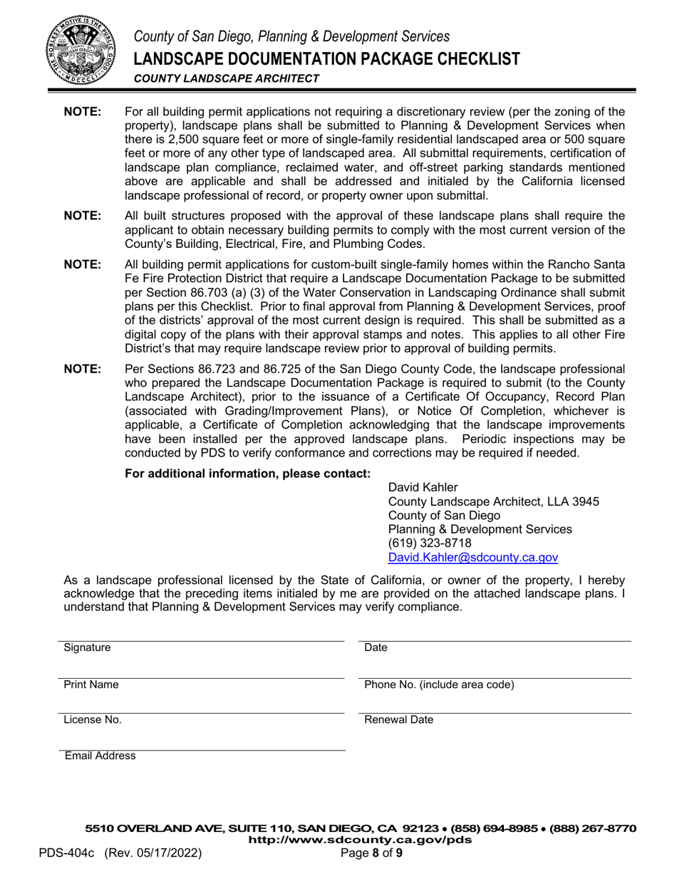 Form PDS-404C Landscape Documentation Package Checklist - County Landscape Architect (Counter Submittal) - County of San Diego, California, Page 8