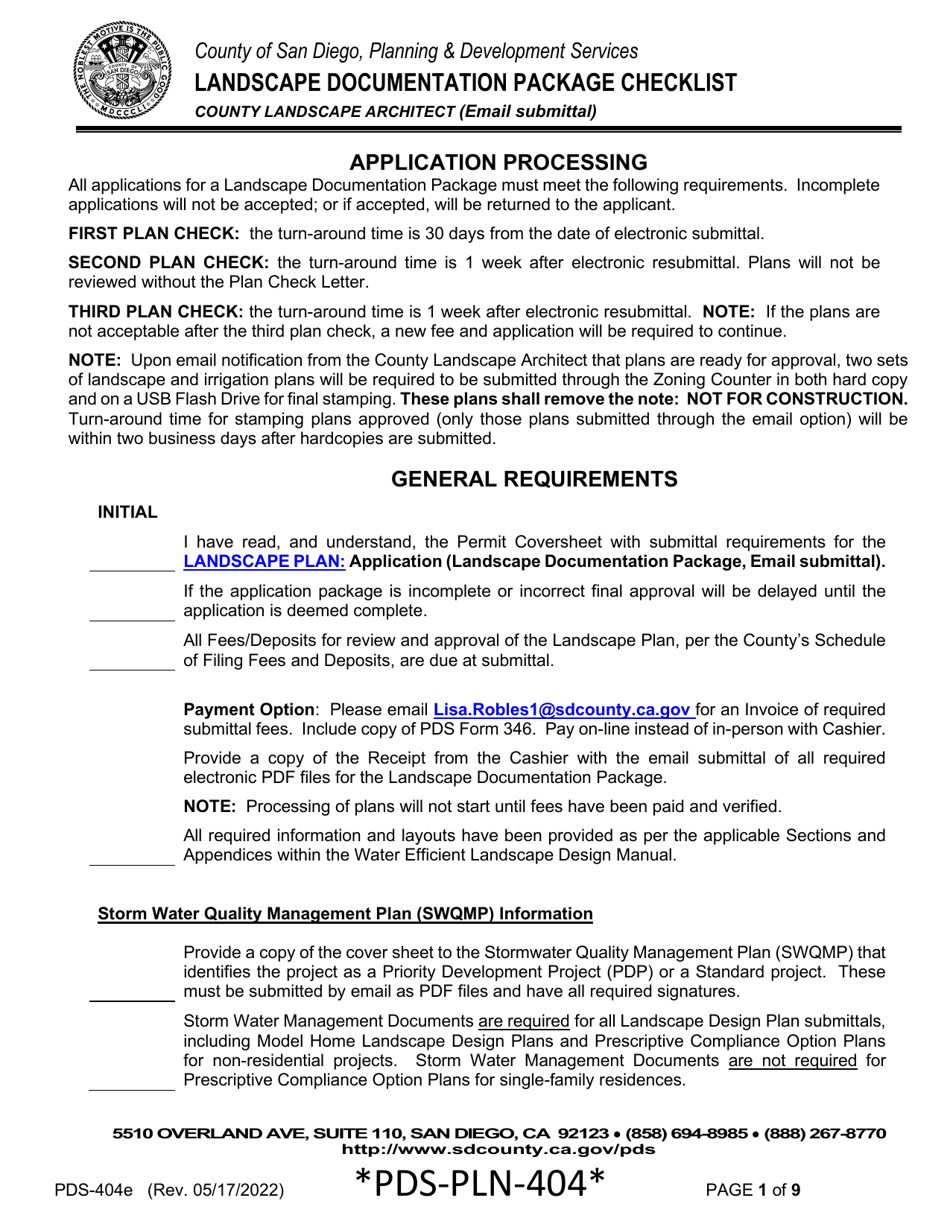 Form PDS-404E Landscape Documentation Package Checklist - County Landscape Architect (Email Submittal) - County of San Diego, California, Page 1