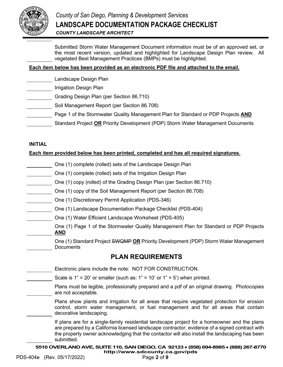 Form PDS-404E Landscape Documentation Package Checklist - County Landscape Architect (Email Submittal) - County of San Diego, California, Page 2