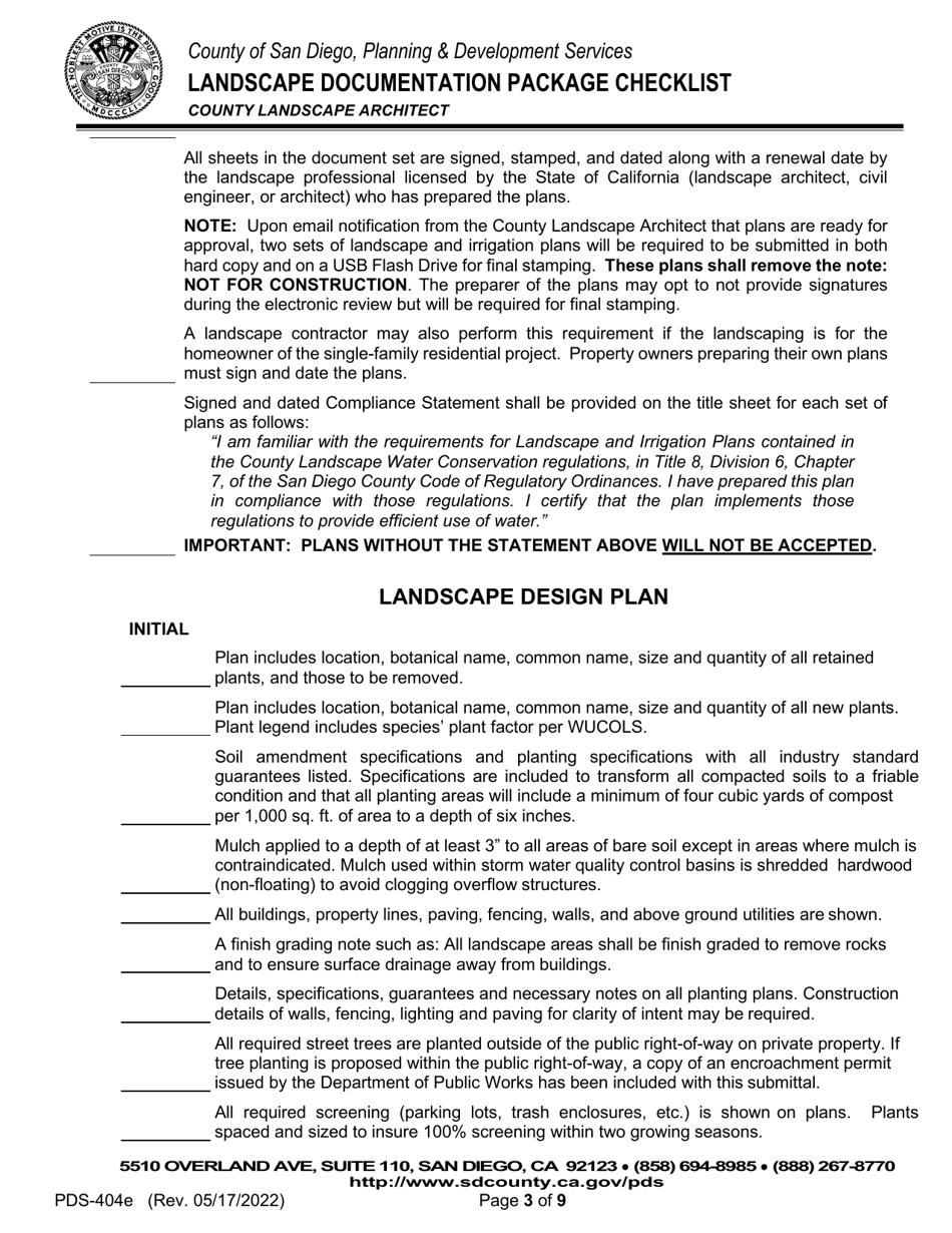 Form PDS-404E Landscape Documentation Package Checklist - County Landscape Architect (Email Submittal) - County of San Diego, California, Page 3