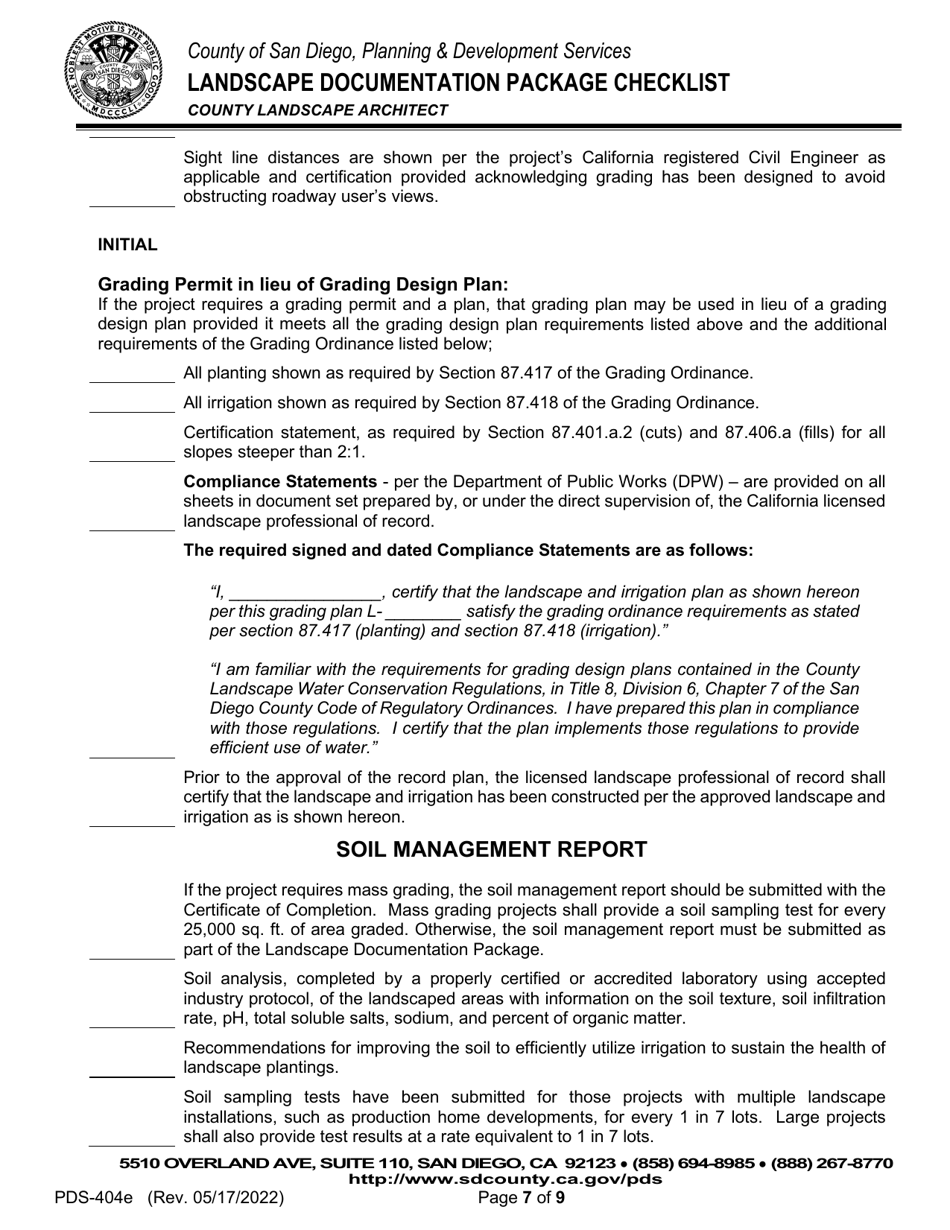 Form PDS-404E Landscape Documentation Package Checklist - County Landscape Architect (Email Submittal) - County of San Diego, California, Page 7