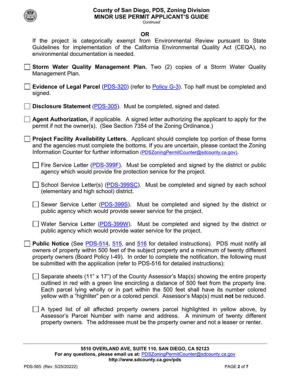Form PDS-565 Minor Use Permit Applicants Guide - County of San Diego, California, Page 2