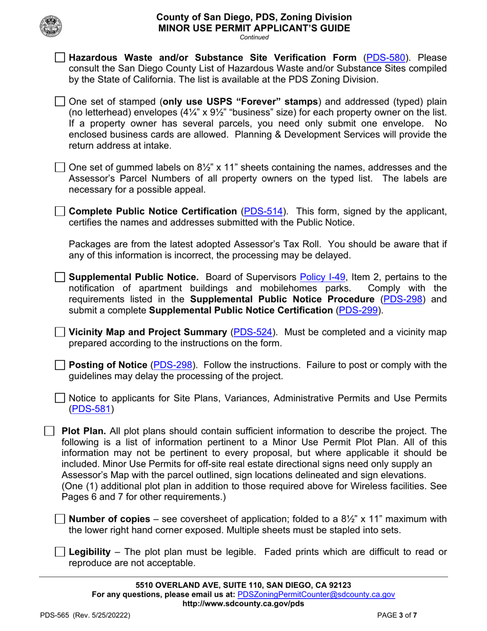 Form PDS-565 Minor Use Permit Applicants Guide - County of San Diego, California, Page 3