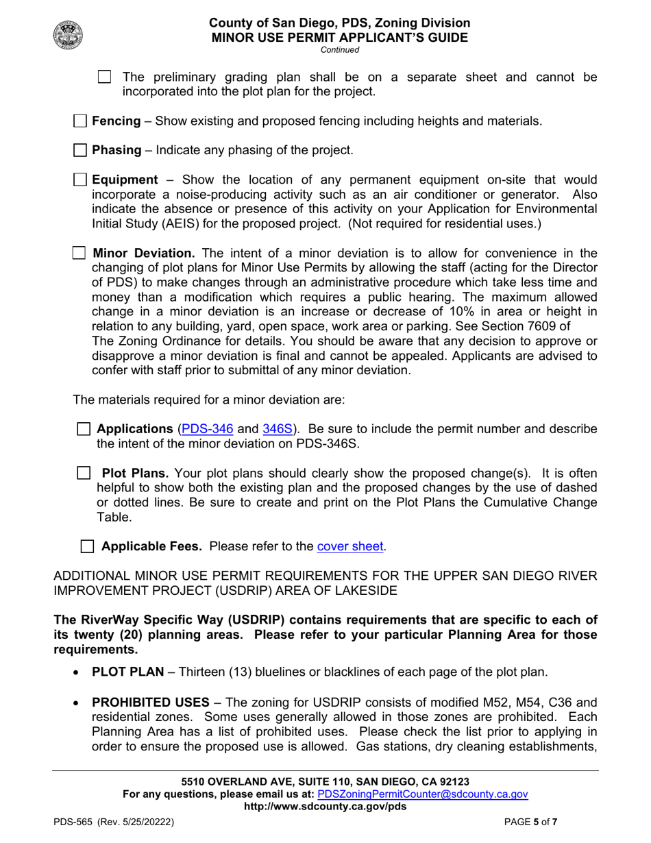 Form PDS-565 Minor Use Permit Applicants Guide - County of San Diego, California, Page 5