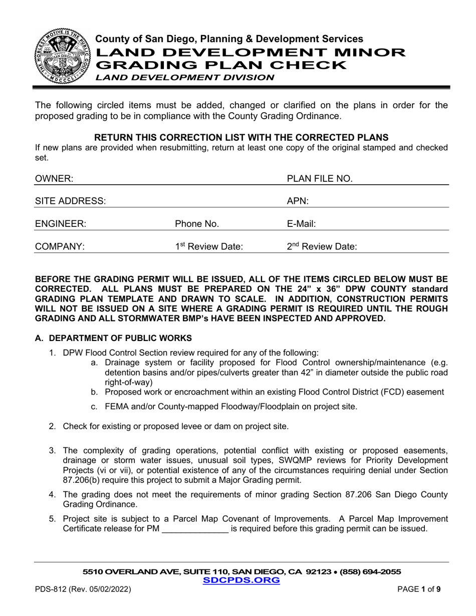 Form PDS-812 Land Development Minor Grading Plan Checklist - County of San Diego, California, Page 1