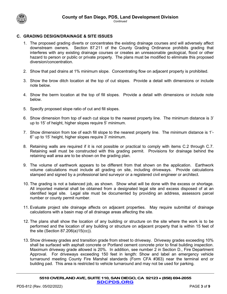 Form PDS-812 Land Development Minor Grading Plan Checklist - County of San Diego, California, Page 3
