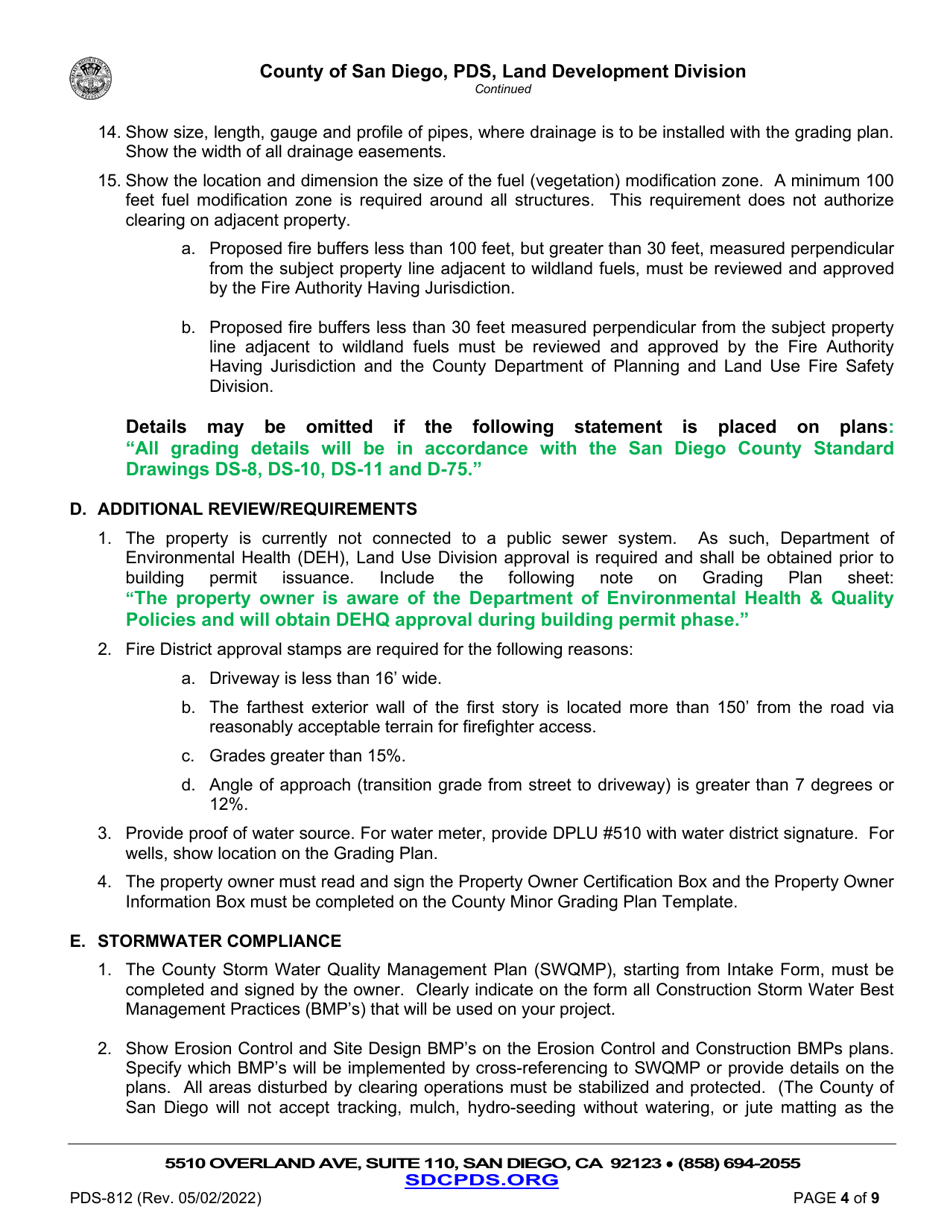 Form PDS-812 Land Development Minor Grading Plan Checklist - County of San Diego, California, Page 4