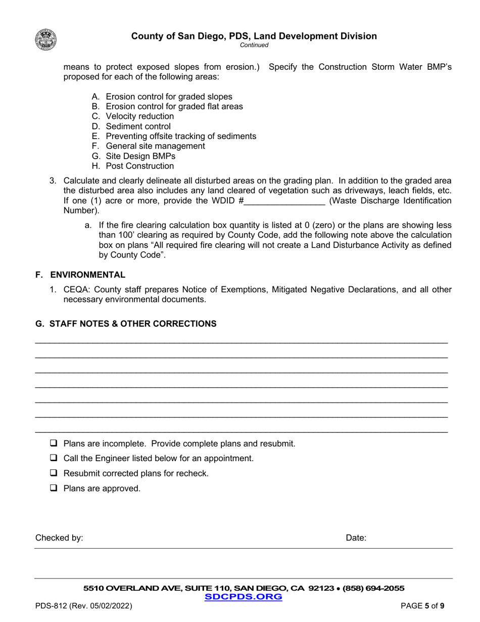 Form PDS-812 Land Development Minor Grading Plan Checklist - County of San Diego, California, Page 5