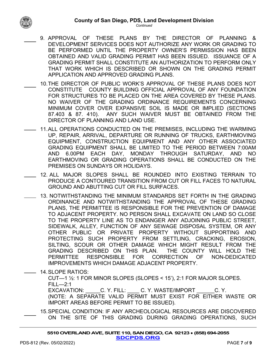 Form PDS-812 Land Development Minor Grading Plan Checklist - County of San Diego, California, Page 7