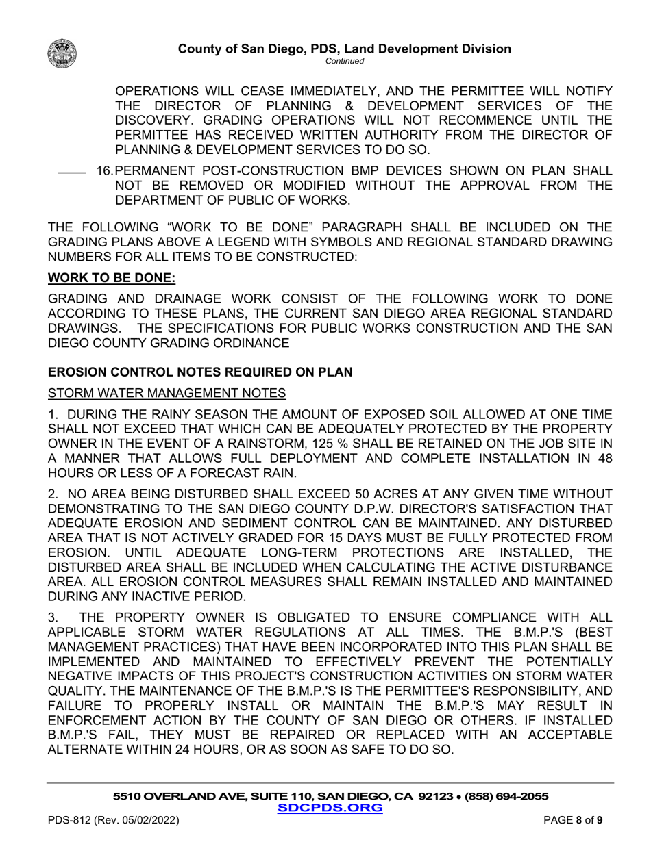 Form PDS-812 Land Development Minor Grading Plan Checklist - County of San Diego, California, Page 8