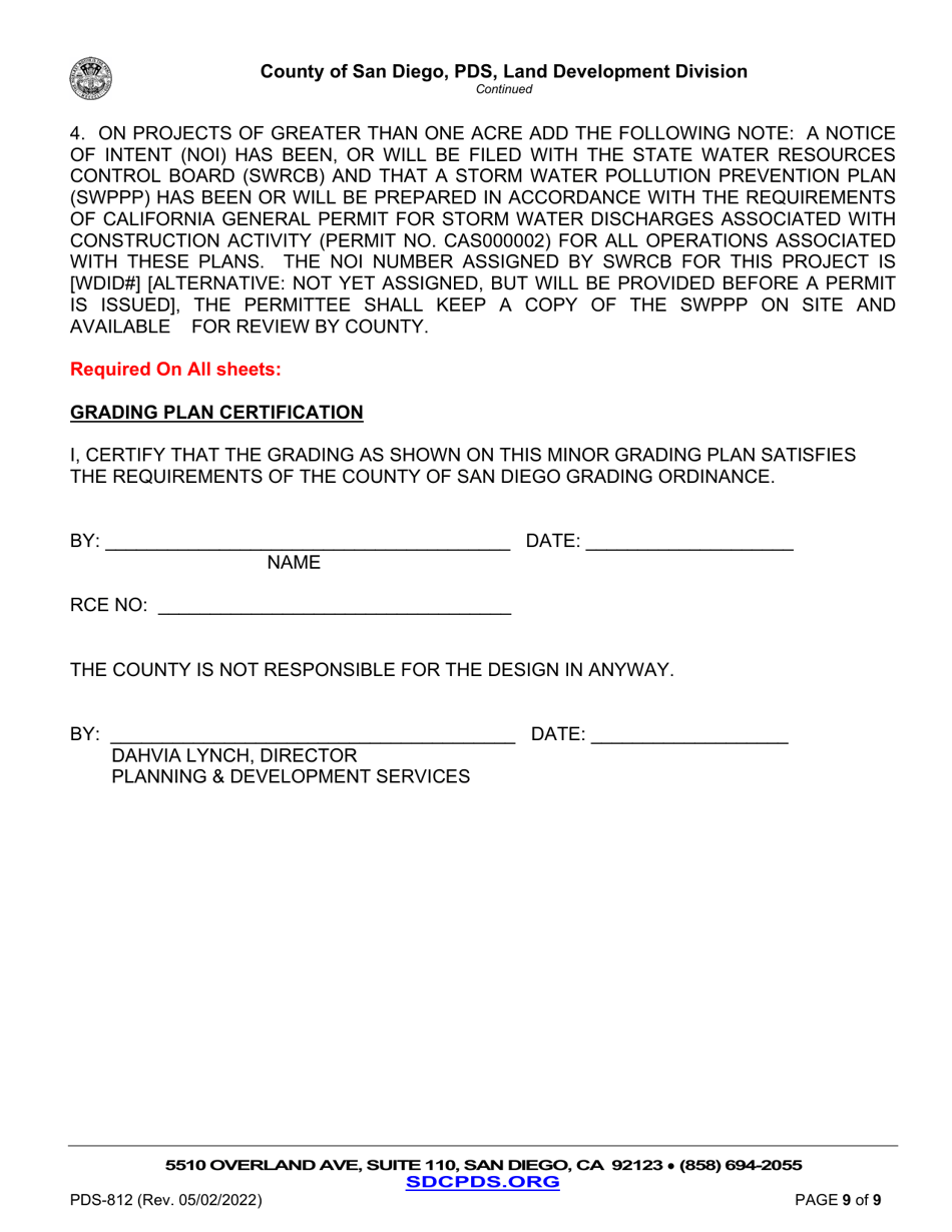 Form PDS-812 Land Development Minor Grading Plan Checklist - County of San Diego, California, Page 9