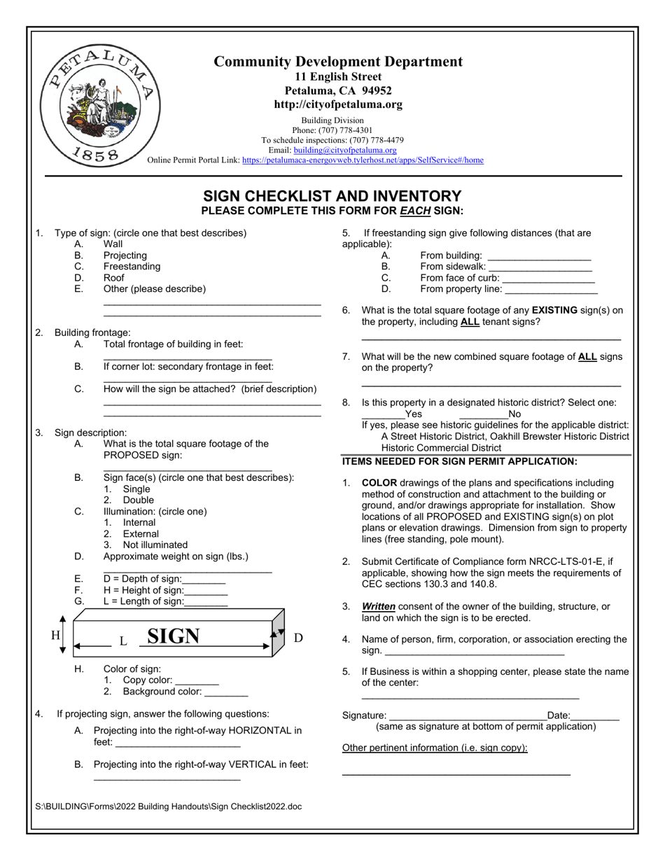 Sign Checklist and Inventory - County of Petaluma, California, Page 1