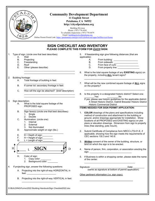 Sign Checklist and Inventory - County of Petaluma, California