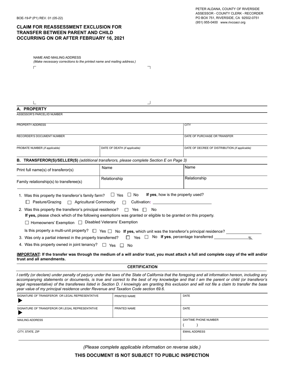 Form BOE-19-P - Fill Out, Sign Online and Download Fillable PDF, County ...