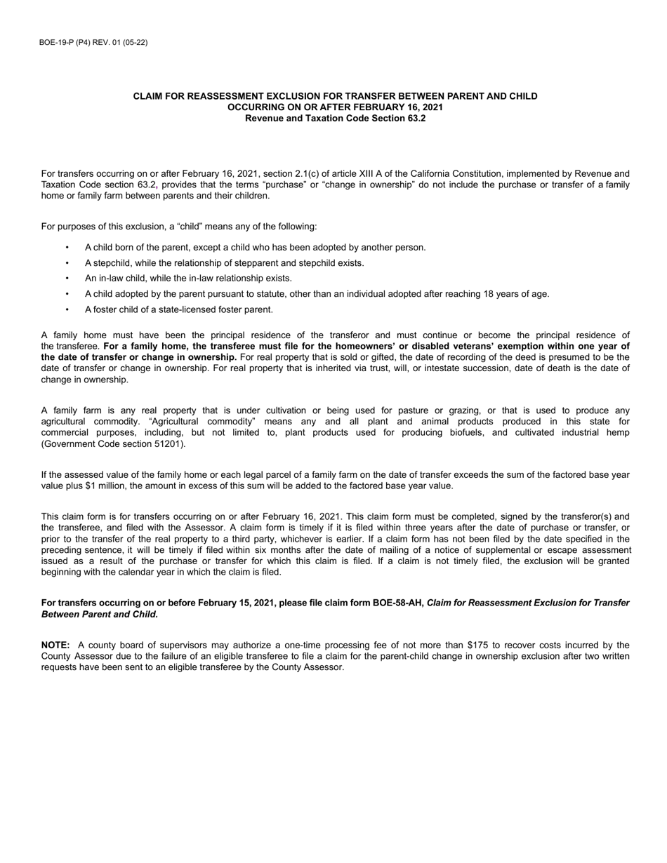 Form BOE-19-P Claim for Reassessment Exclusion for Transfer Between Parent and Child Occurring on or After February 16, 2021 - County of Riverside, California, Page 4