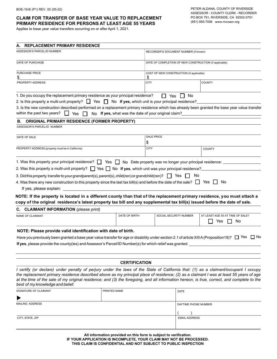 Form BOE-19-B Download Fillable PDF Or Fill Online Claim For Transfer ...