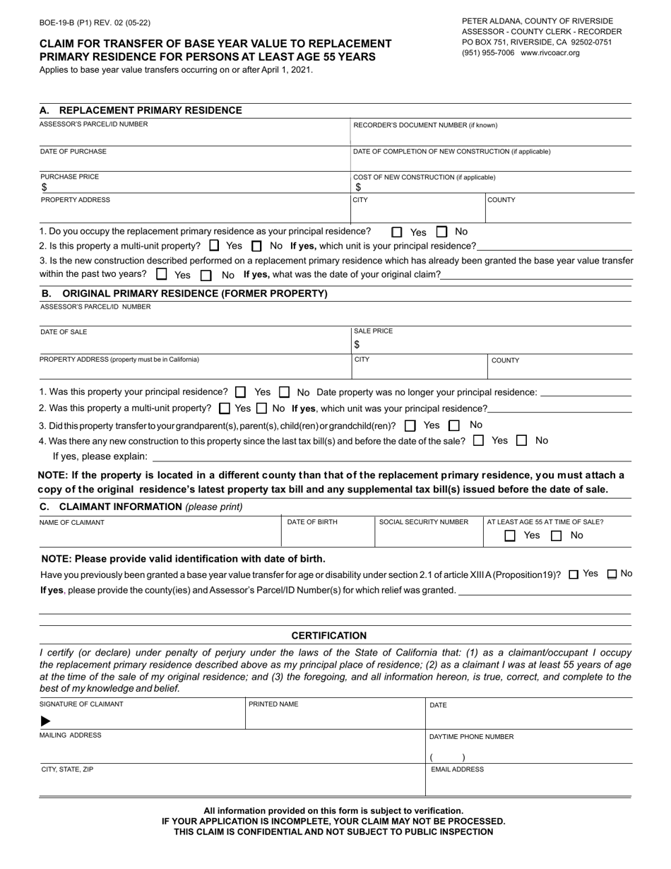 Form BOE-19-B Claim for Transfer of Base Year Value to Replacement Primary Residence for Persons at Least Age 55 Years - County of Riverside, California, Page 1