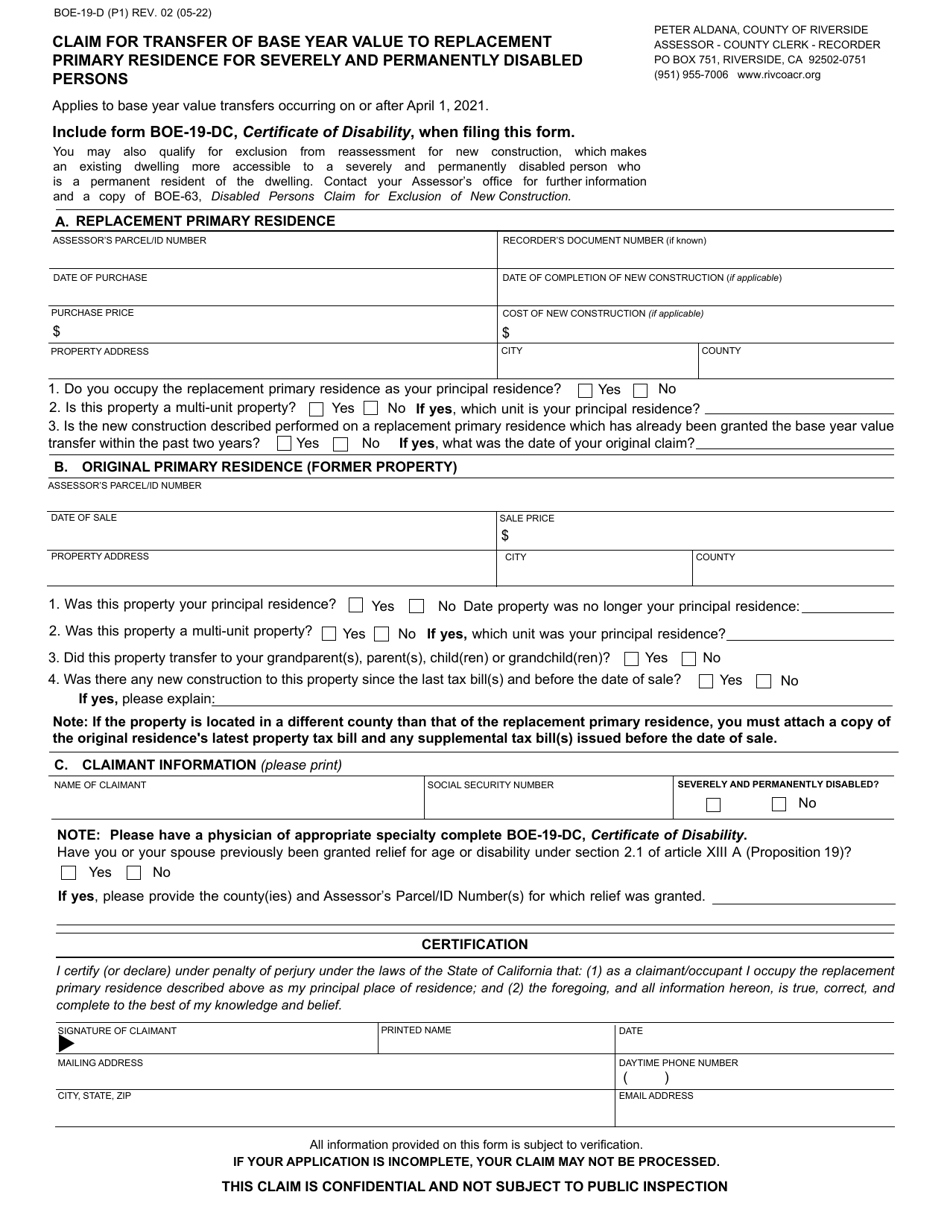 Form BOE-19-D Download Fillable PDF or Fill Online Claim for Transfer ...