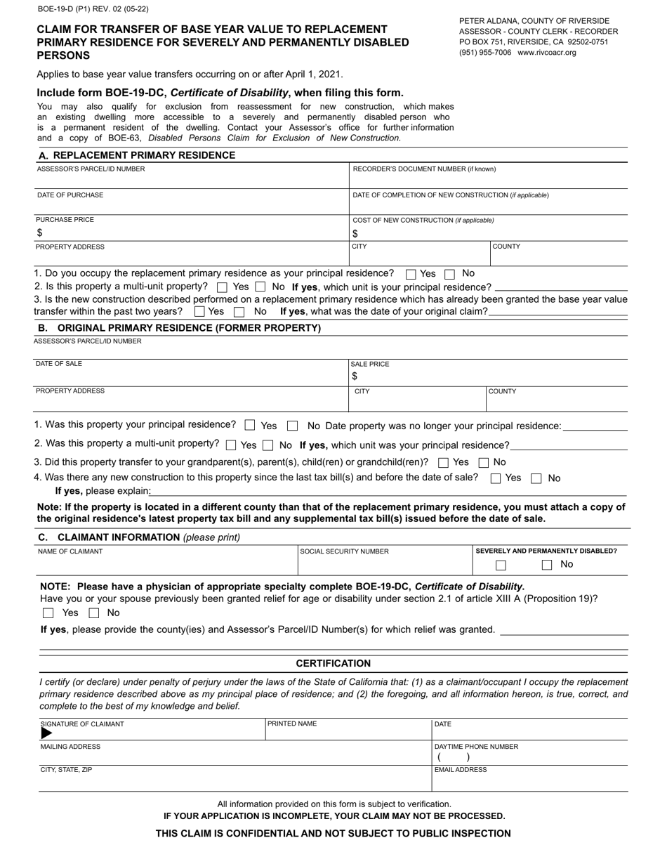 Form BOE-19-D Claim for Transfer of Base Year Value to Replacement Primary Residence for Severely and Permanently Disabled Persons - County of Riverside, California, Page 1
