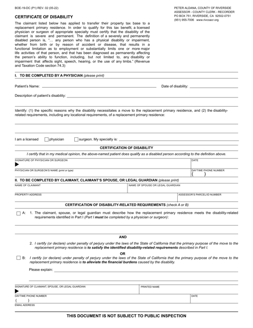 Form BOE-19-DC Certificate of Disability - County of Riverside, California