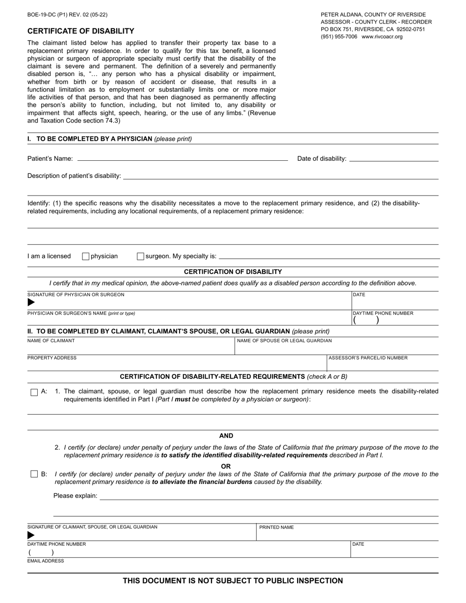 Form BOE-19-DC Download Fillable PDF or Fill Online Certificate of ...