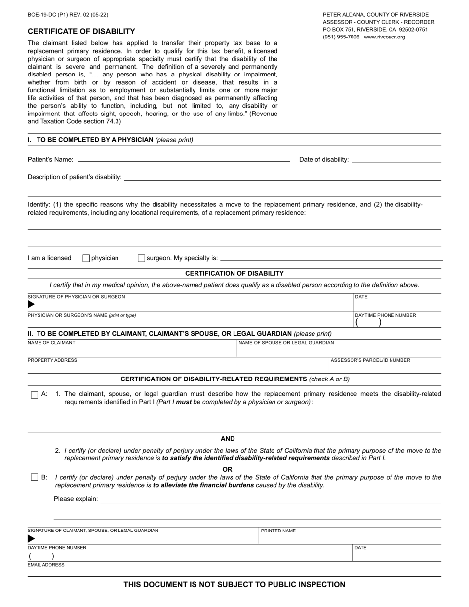 Form BOE-19-DC Certificate of Disability - County of Riverside, California, Page 1