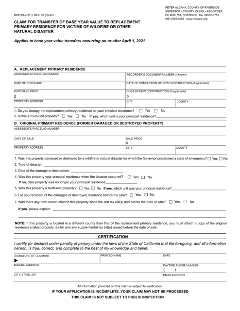Form BOE-19-V Claim for Transfer of Base Year Value to Replacement Primary Residence for Victims of Wildfire or Other Natural Disaster - County of Riverside, California