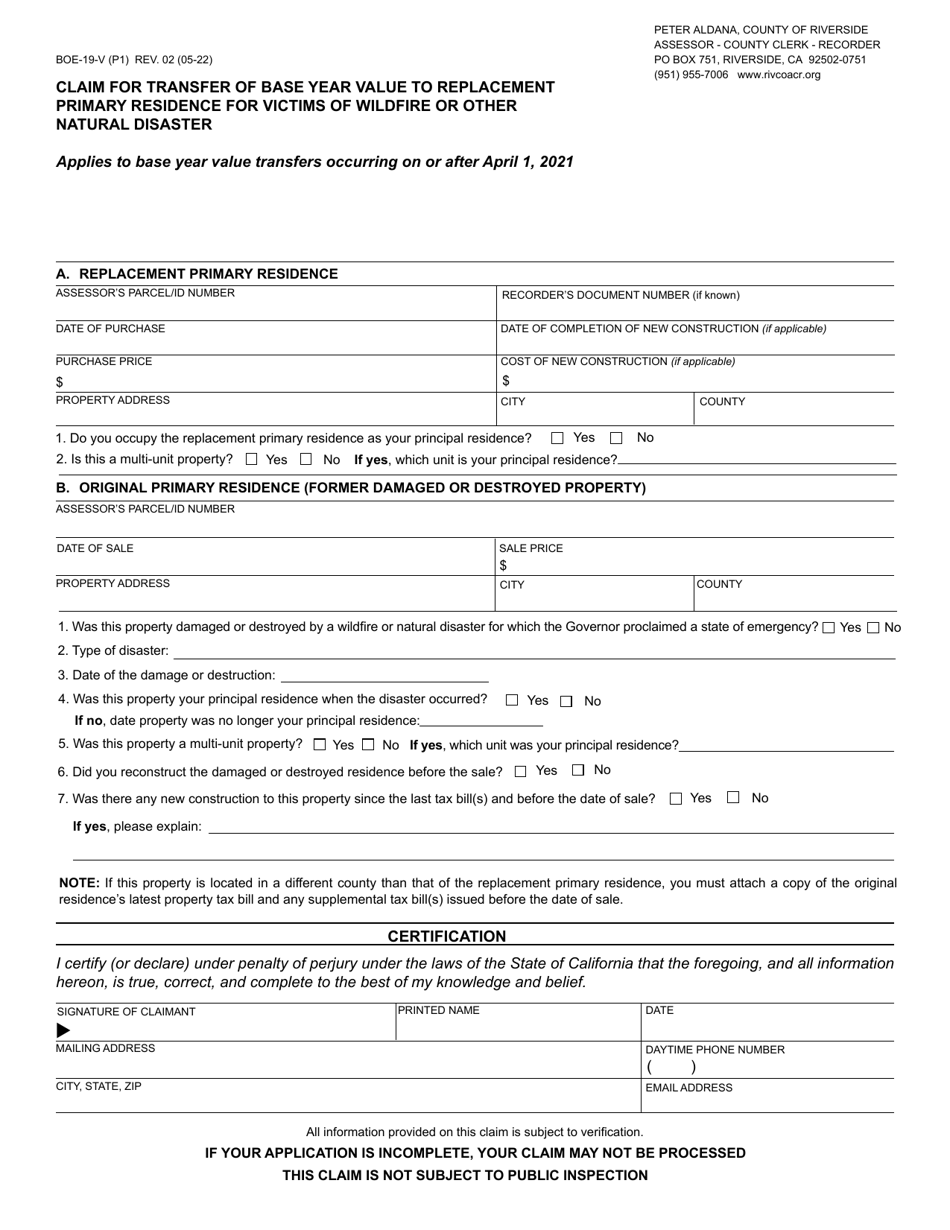 Form BOE-19-V Claim for Transfer of Base Year Value to Replacement Primary Residence for Victims of Wildfire or Other Natural Disaster - County of Riverside, California, Page 1