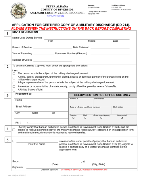 Form ACR105 Application for Certified Copy of a Military Discharge (DD 214) - County of Riverside, California