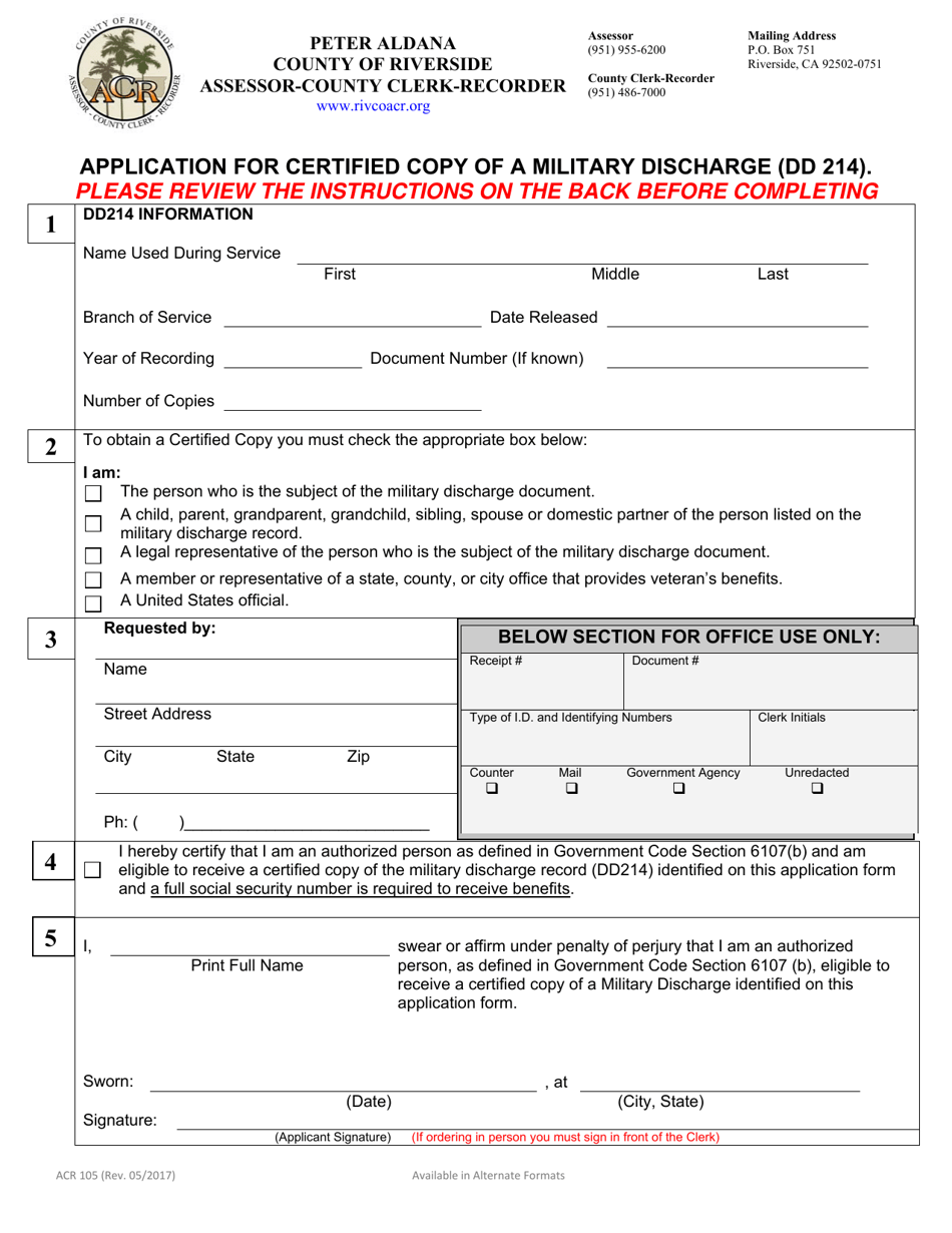 Form Acr105 Download Fillable Pdf Or Fill Online Application For Certified Copy Of A Military 9897