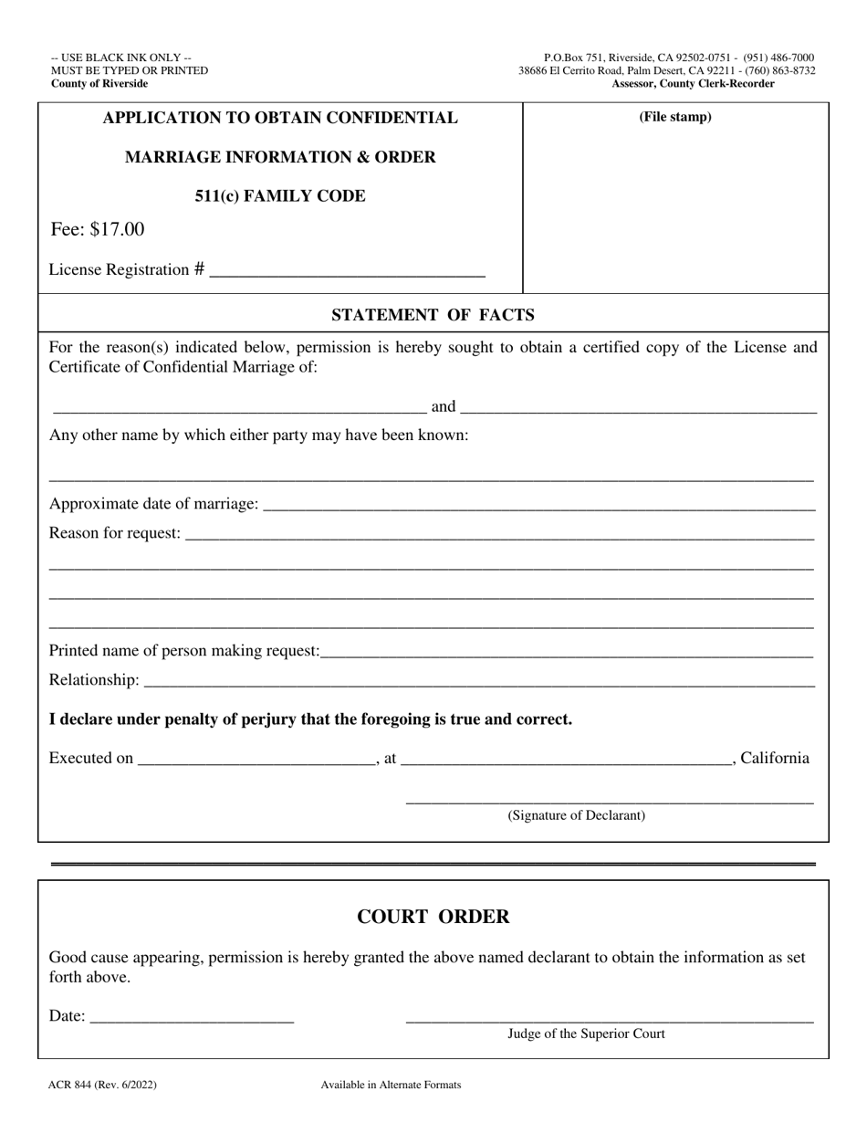 Form ACR844 Application to Obtain Confidential Marriage Information  Order - County of Riverside, California, Page 1