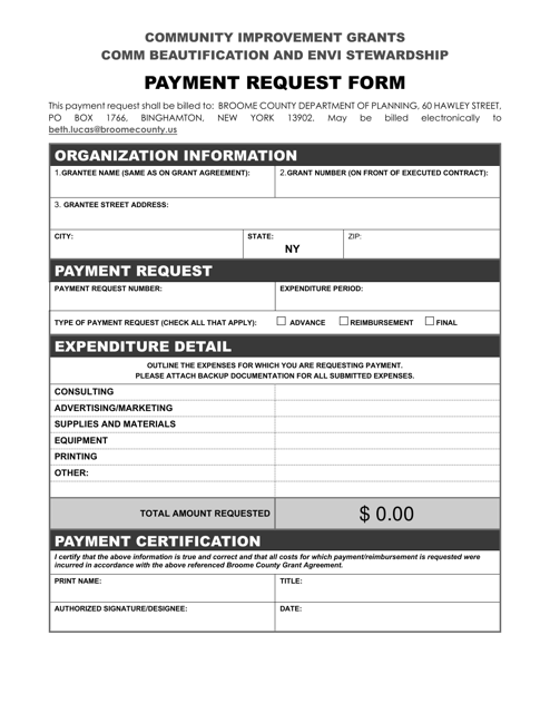 Comm Beautification and Envi Stewardship Payment Request Form - Broome County, New York Download Pdf