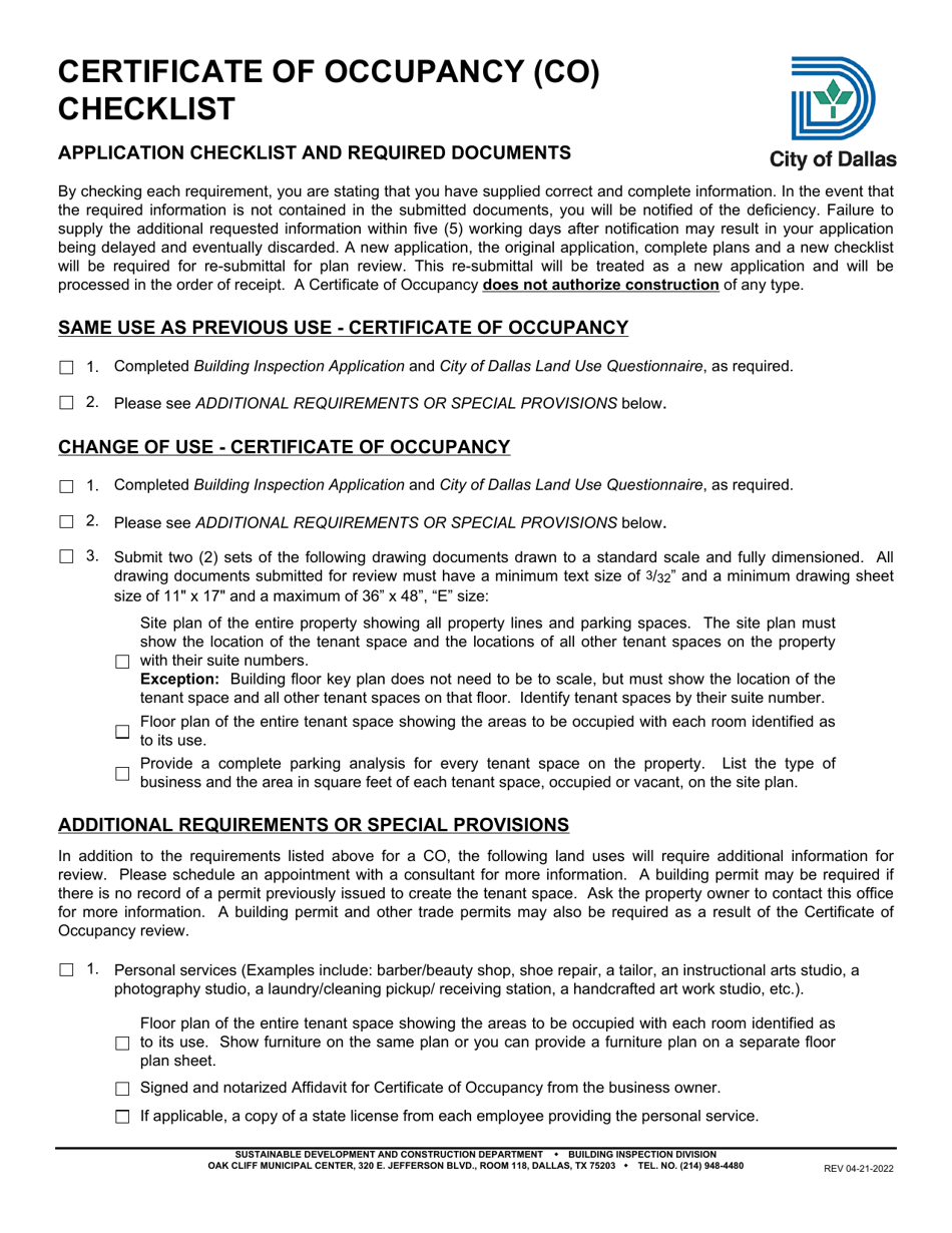 City of Dallass, Texas Certificate of Occupancy (Co) Checklist Fill Out, Sign Online and