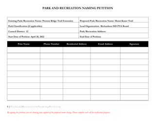 Park and Recreation Naming Petition - City of Dallas, Texas