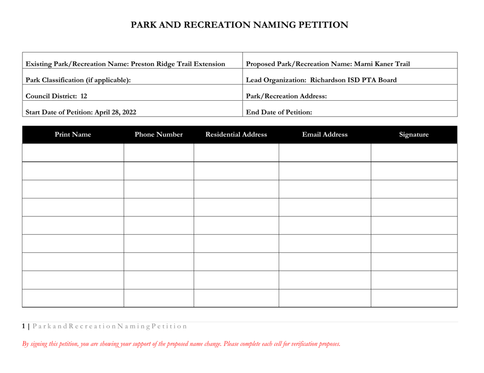 Park and Recreation Naming Petition - City of Dallas, Texas, Page 1