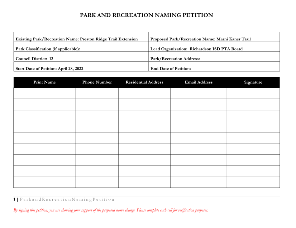 City of Dallas, Texas Park and Recreation Naming Petition - Fill Out ...