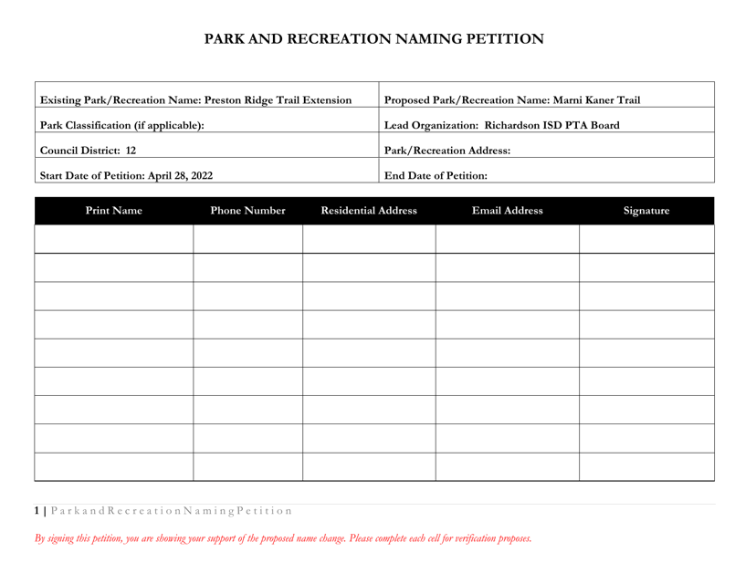 Park and Recreation Naming Petition - City of Dallas, Texas Download Pdf