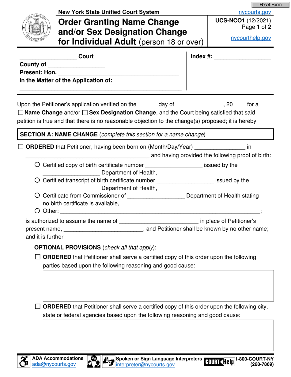 Form UCS-NCO1 Order Granting Name Change and / or Sex Designation Change for Individual Adult (Person 18 or Over) - New York, Page 1