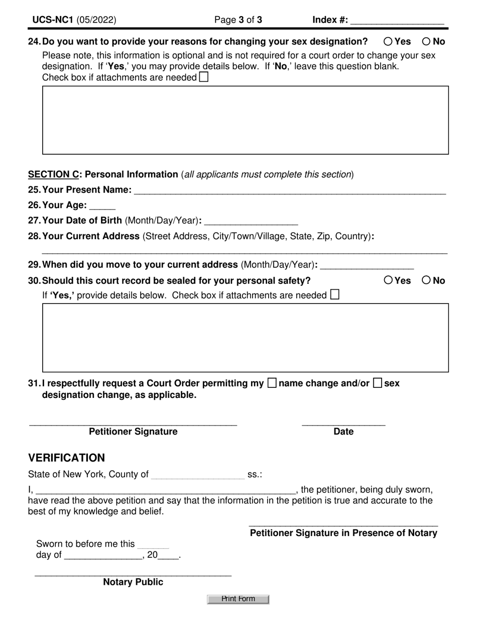 Form UCS-NC1 Name Change and / or Sex Designation Change Petition for Individual Adult (Person 18 or Over) - New York, Page 3