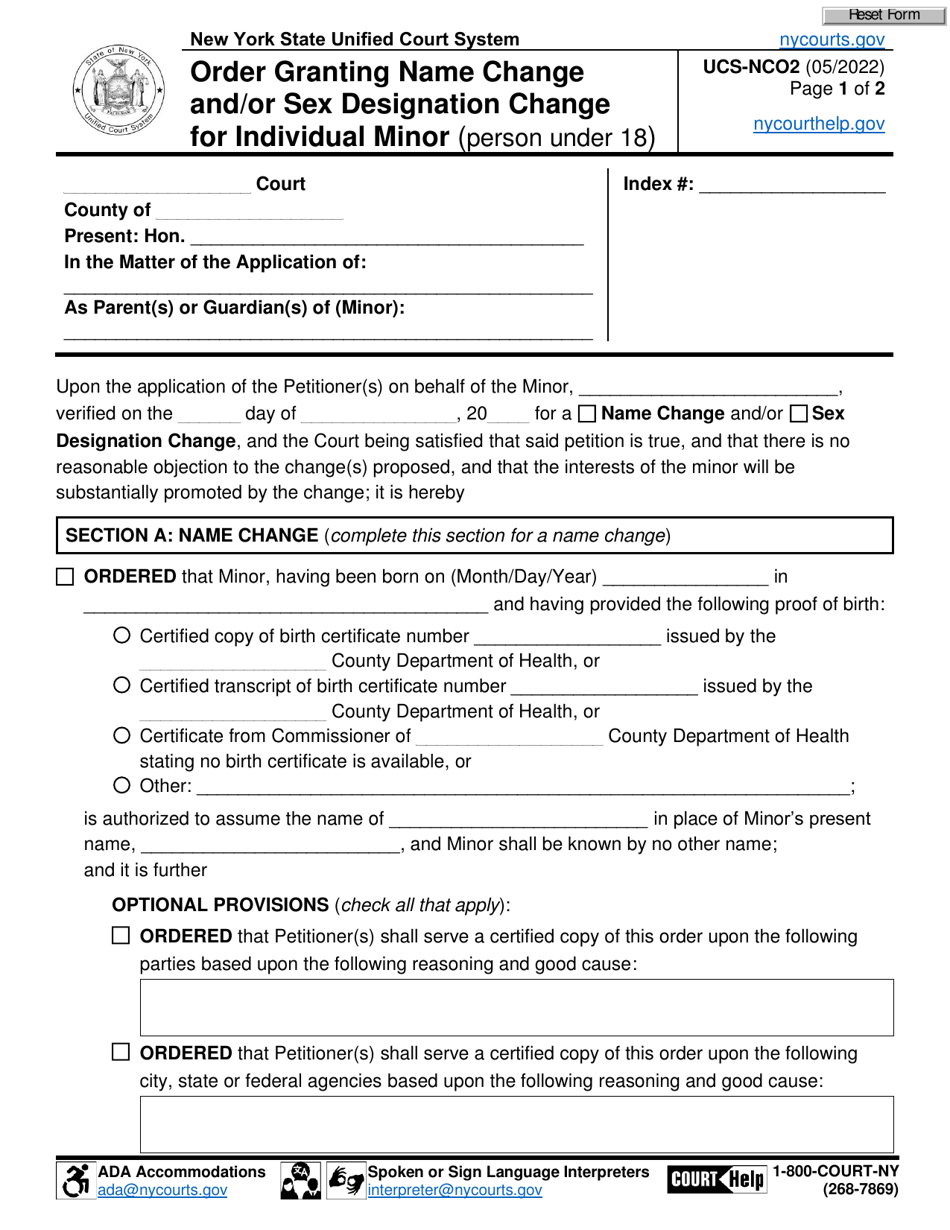 Form UCS-NCO2 Order Granting Name Change and / or Sex Designation Change for Individual Minor (Person Under 18) - New York, Page 1