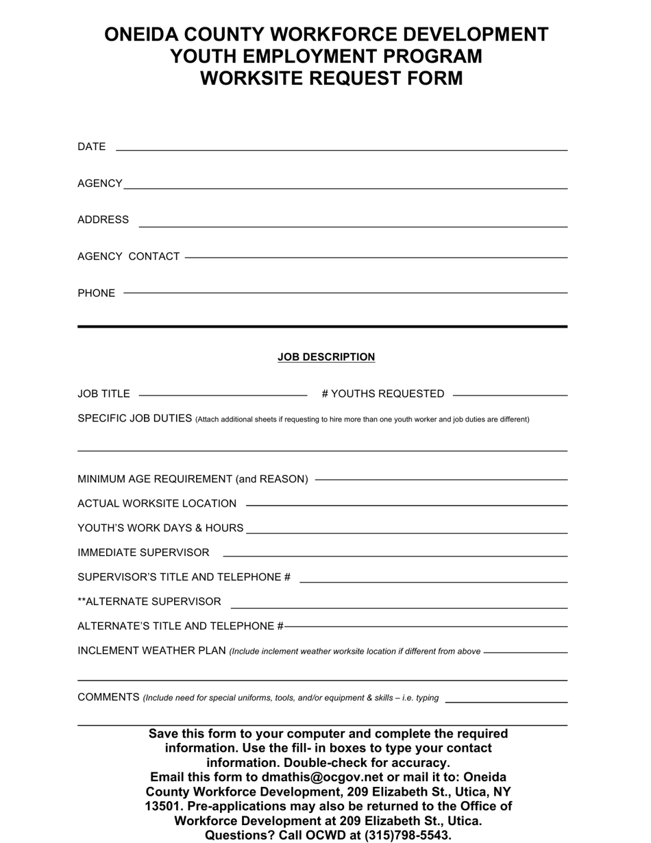 Worksite Request Form - Youth Employment Program - Oneida County, New York, Page 1